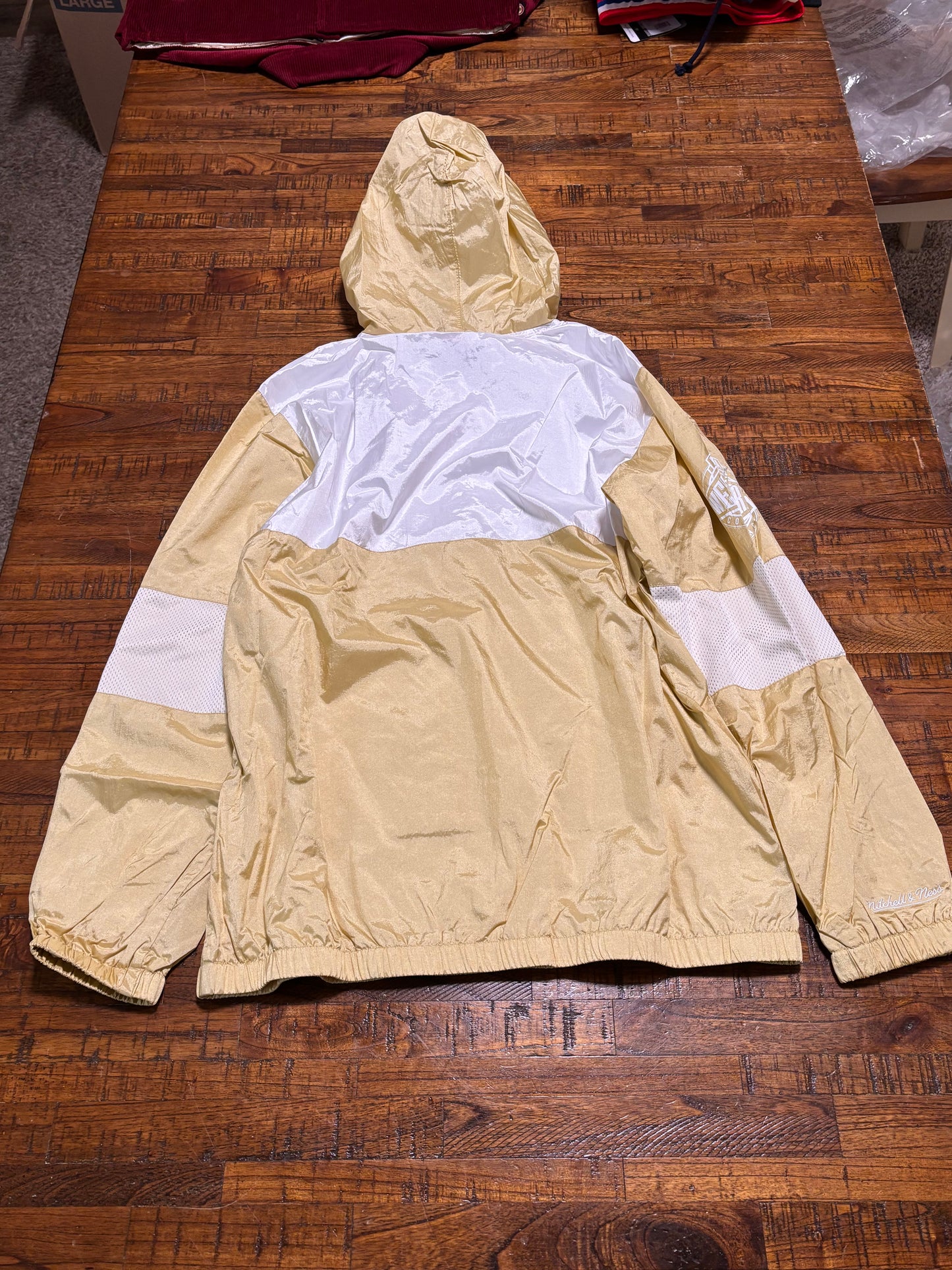 Houston Rockets Mitchell & Ness NBA Retro Hardwood Classic HWC Surprise Win Long Sleeve Hooded Hood Pullover Wind Breaker Jacket Cream White Gold Men’s Large L New NWOT
