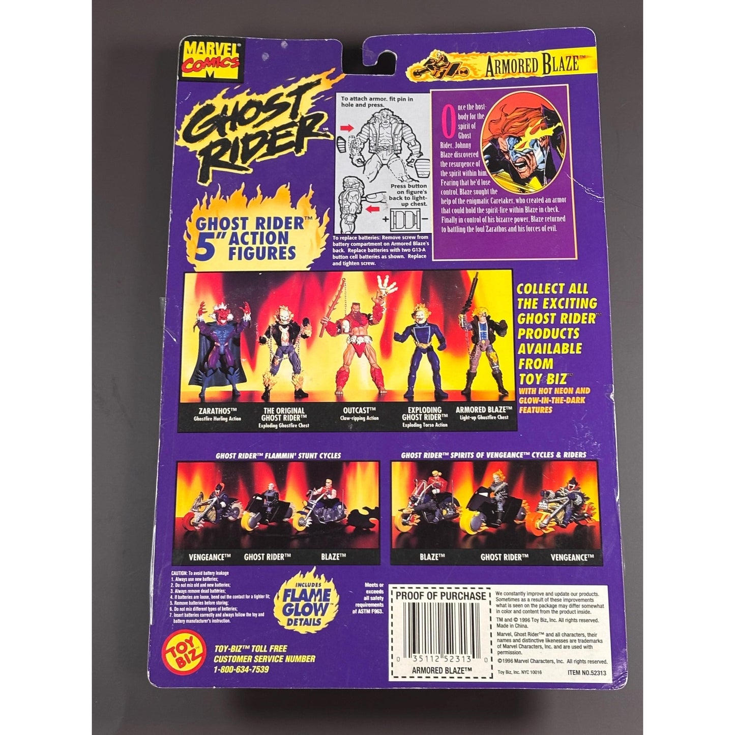Vintage 1995 Toy Biz Marvel Comics Ghost Rider Blaze Glow in the Dark Figure New