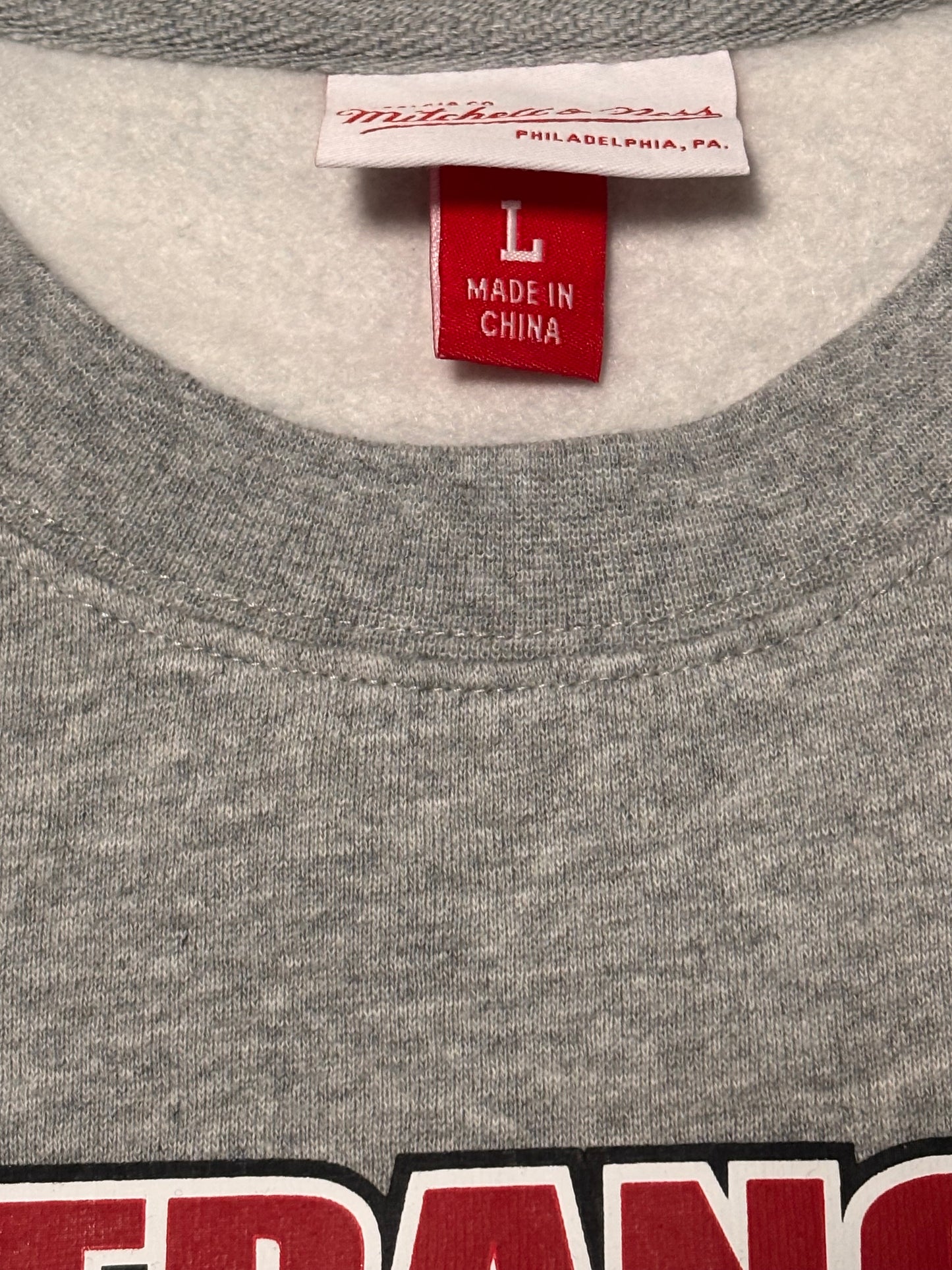 San Francisco 49ers Mitchell & Ness Throwback NFL Super Bowl Champions Big Face Logo All Over Print Long Sleeve Pullover Sweat Shirt Sweater Heather Gray Red Men’s Large L New NWOT