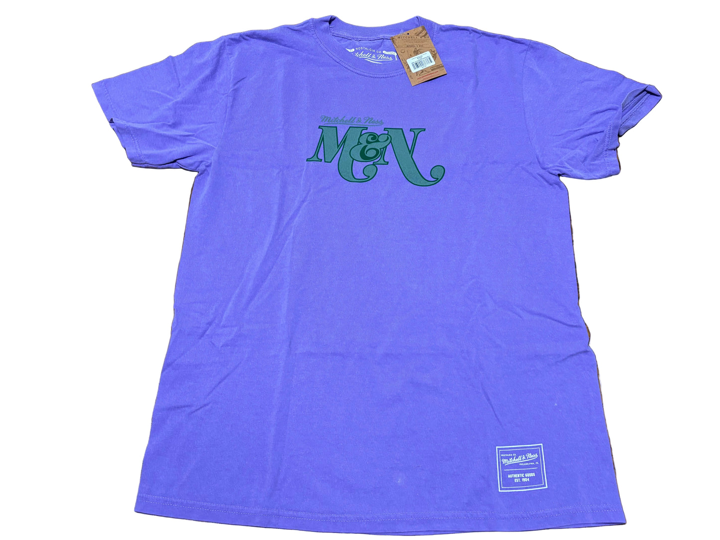 Mitchell & Ness Branded Sports Heavyweight Script Logo Graphic Short Sleeve Tee T Shirt Purple Green Men’s Large L New NWT