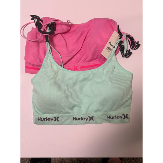 Hurley Women 2 Piece Sportwear Lightly Padded Sport Bra Pink Mint Green NWT XL