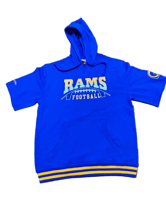 Saint Louis Los Angeles Rams Mitchell & Ness NFL Football Throwback Pre Game Short Sleeve Pullover Hoodie Hooded Sweat Shirt T-Shirt Gold Yellow Blue Men’s Large L New NWOT