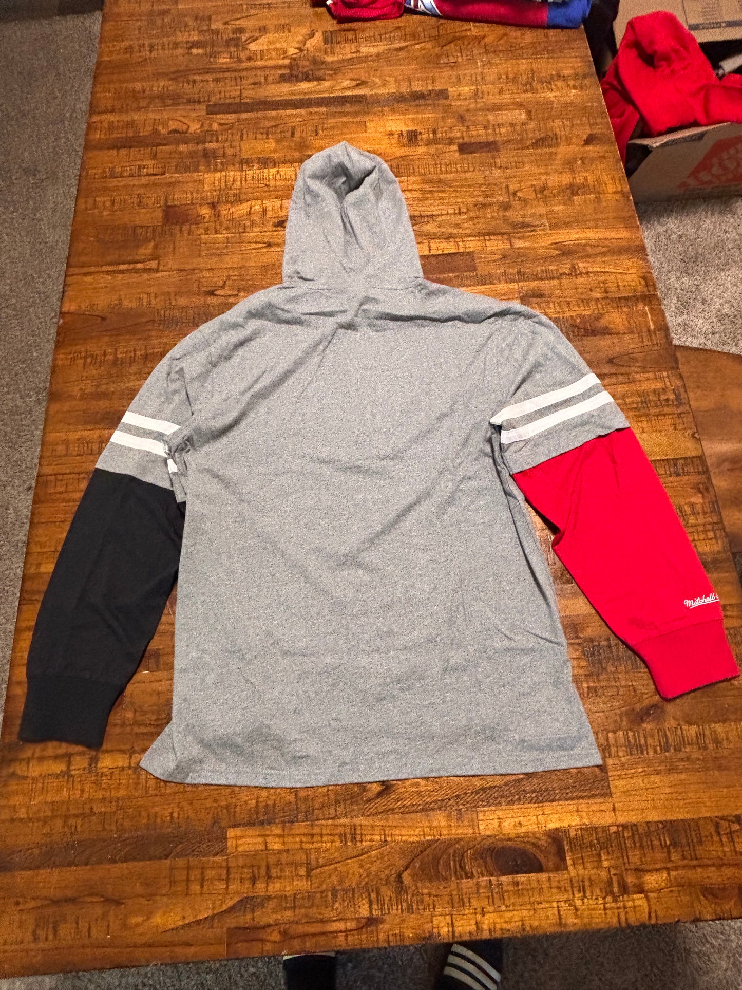 San Francisco 49ers Mitchell & Ness NFL Football Throwback Scarlet Shield Twofer Layered Long Sleeve Hoodie Hooded Sweat Shirt T-Shirt Red Black Gray Men’s Large L New NWOT