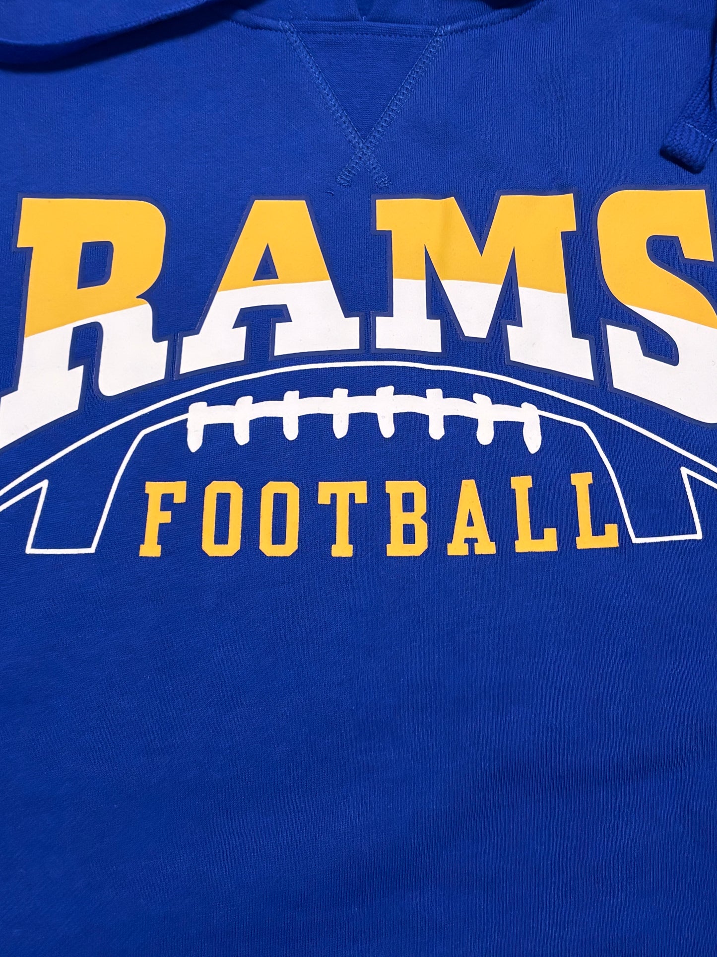 Saint Louis Los Angeles Rams Mitchell & Ness NFL Football Throwback Pre Game Short Sleeve Pullover Hoodie Hooded Sweat Shirt T-Shirt Gold Yellow Blue Men’s Large L New NWOT