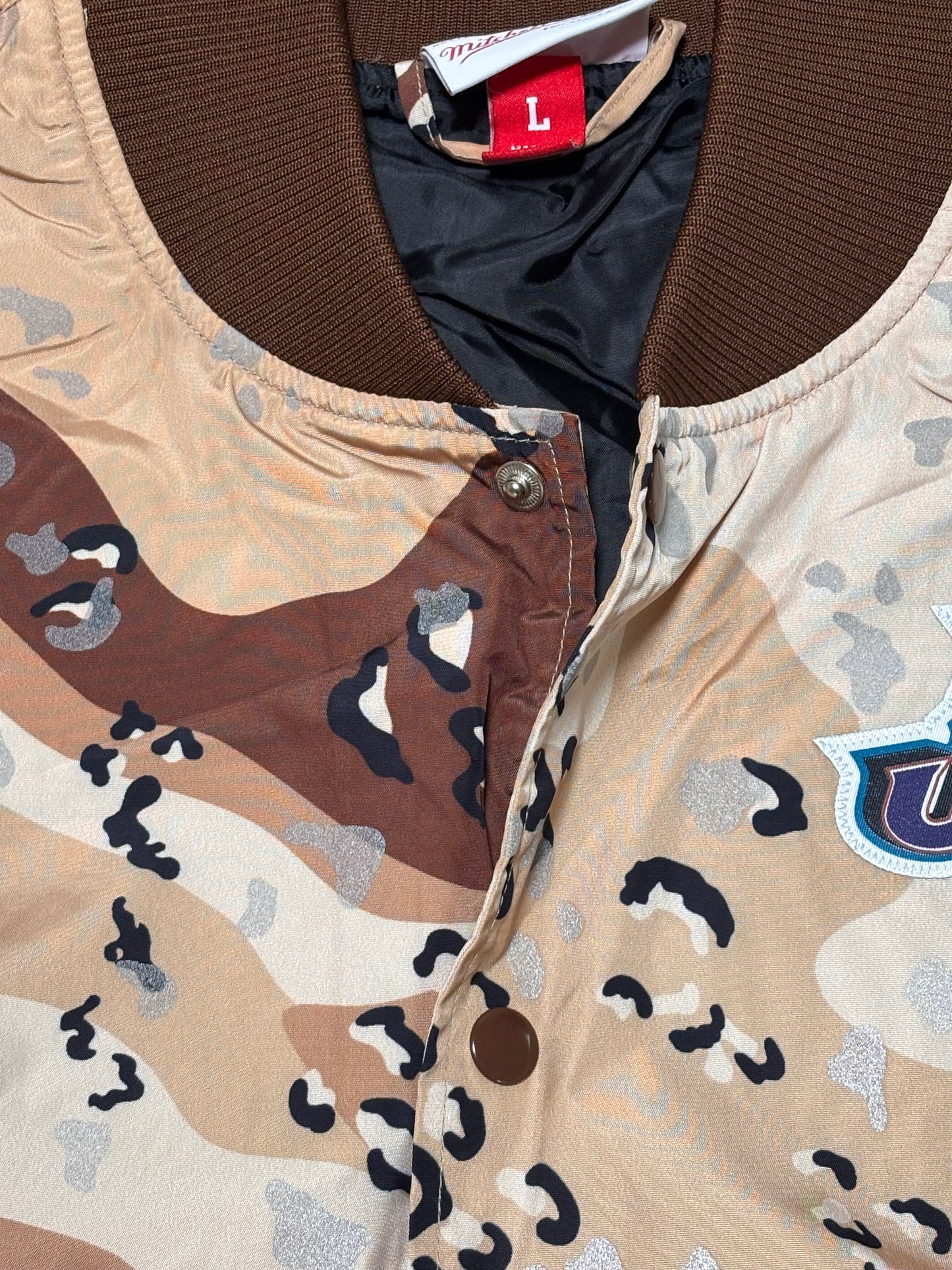 Utah Jazz Mitchell & Ness NBA Retro Hardwood Classic HWC Swingman 1998-99 Camo Camouflage Army Full Snap Button Jacket Brown White Mens Large L New NWOT