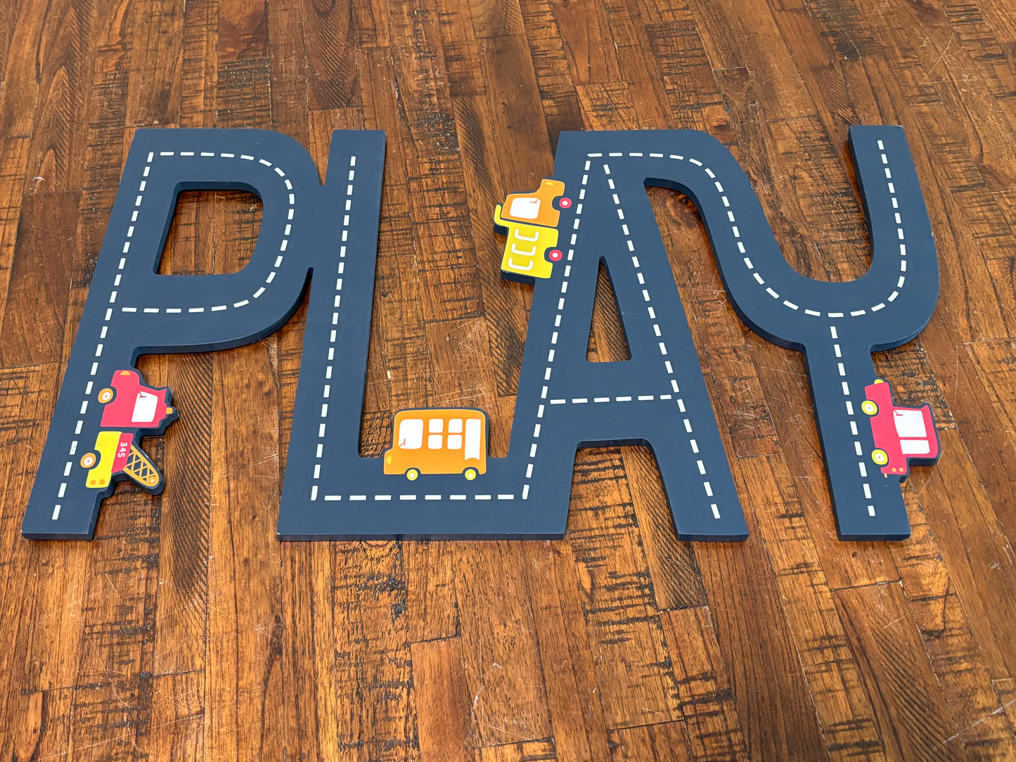14.5”x 24” Play Sign Wooden Letters Playroom Sign Blue Colors Trucks Cars Boys