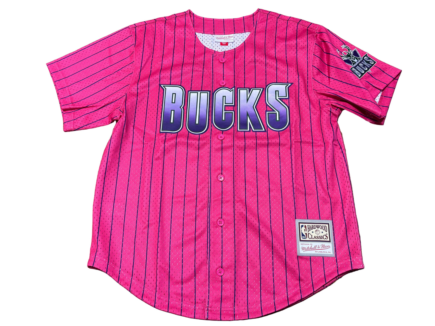 Milwaukee Bucks Mitchell & Ness NBA Retro Hardwood Classic HWC Swingman World Big Face Team Logo 2000-01 Neon Pink Purple Mesh Shirt Jersey Men’s Large L NWOT New