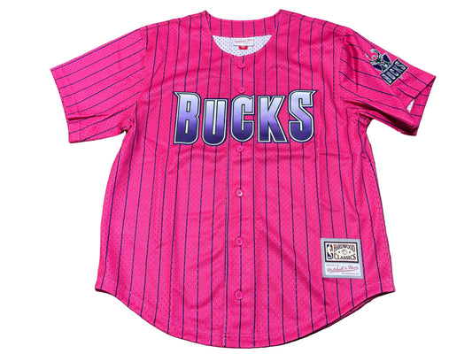 Milwaukee Bucks Mitchell & Ness NBA Retro Hardwood Classic HWC Swingman World Big Face Team Logo 2000-01 Neon Pink Purple Mesh Shirt Jersey Men’s Large L NWOT New