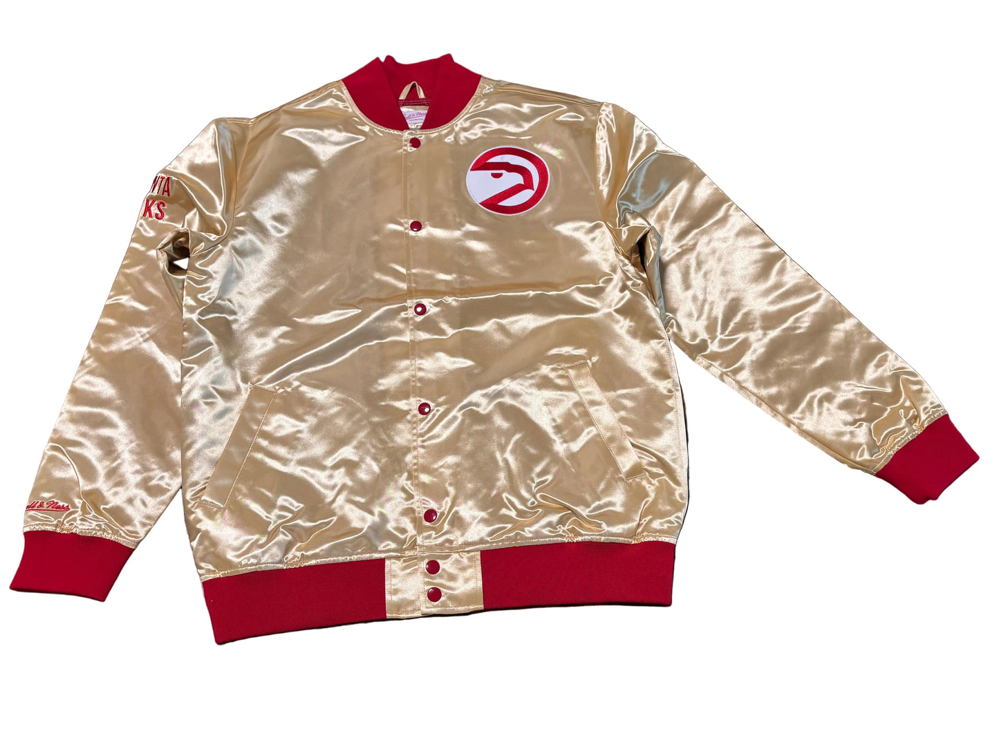 Atlanta Hawks Mitchell & Ness Hardwood Classic HWC NBA Retro Bomber Satin Varsity Jacket Long Sleeve Gold Red Men’s Large L New NWOT