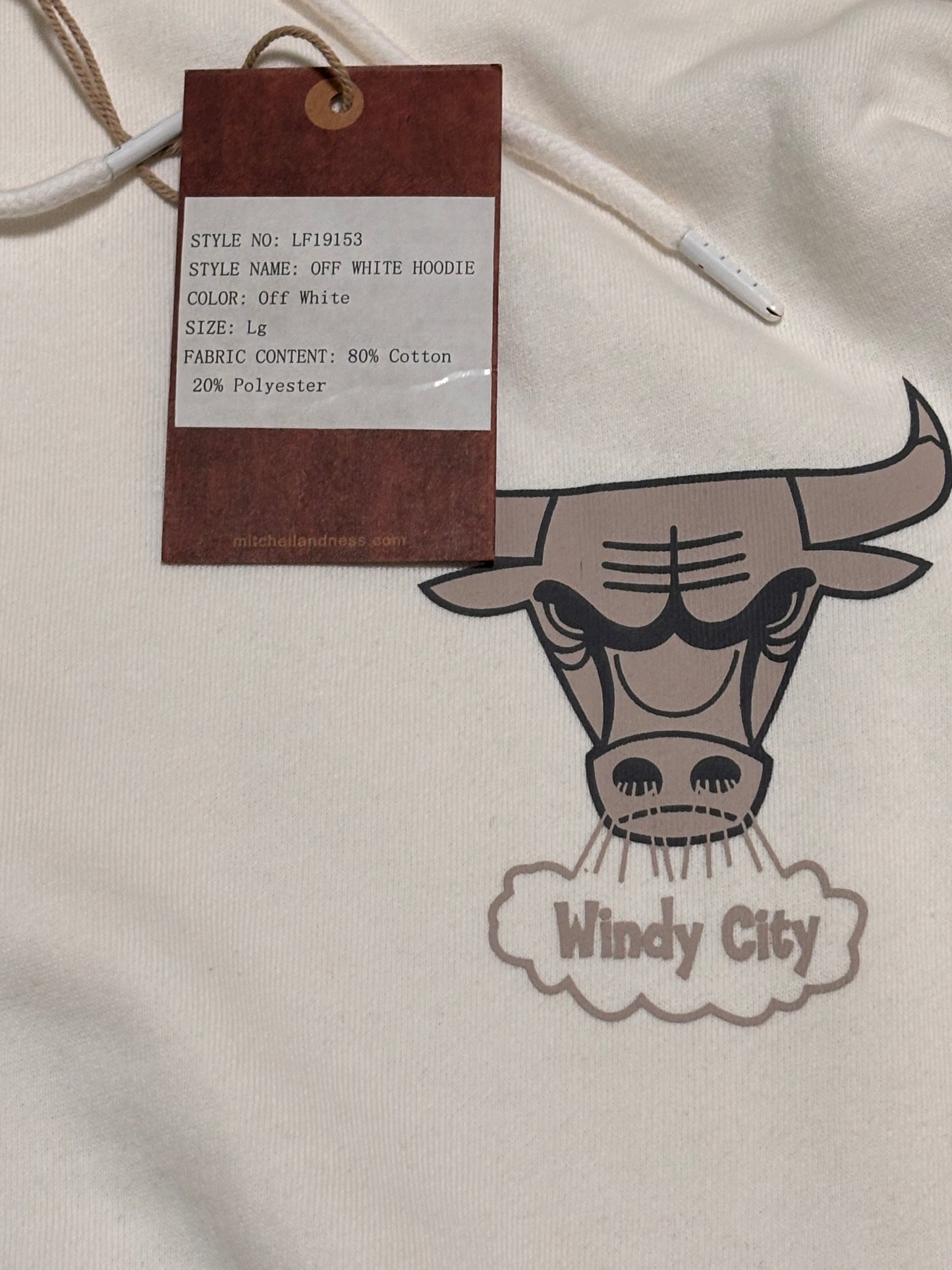 Chicago Bulls Mitchell & Ness NBA Retro Hardwood Classic HWC Team Logo Windy City Hoodie Hooded Pullover Off White Cream Mens L Large New NWT