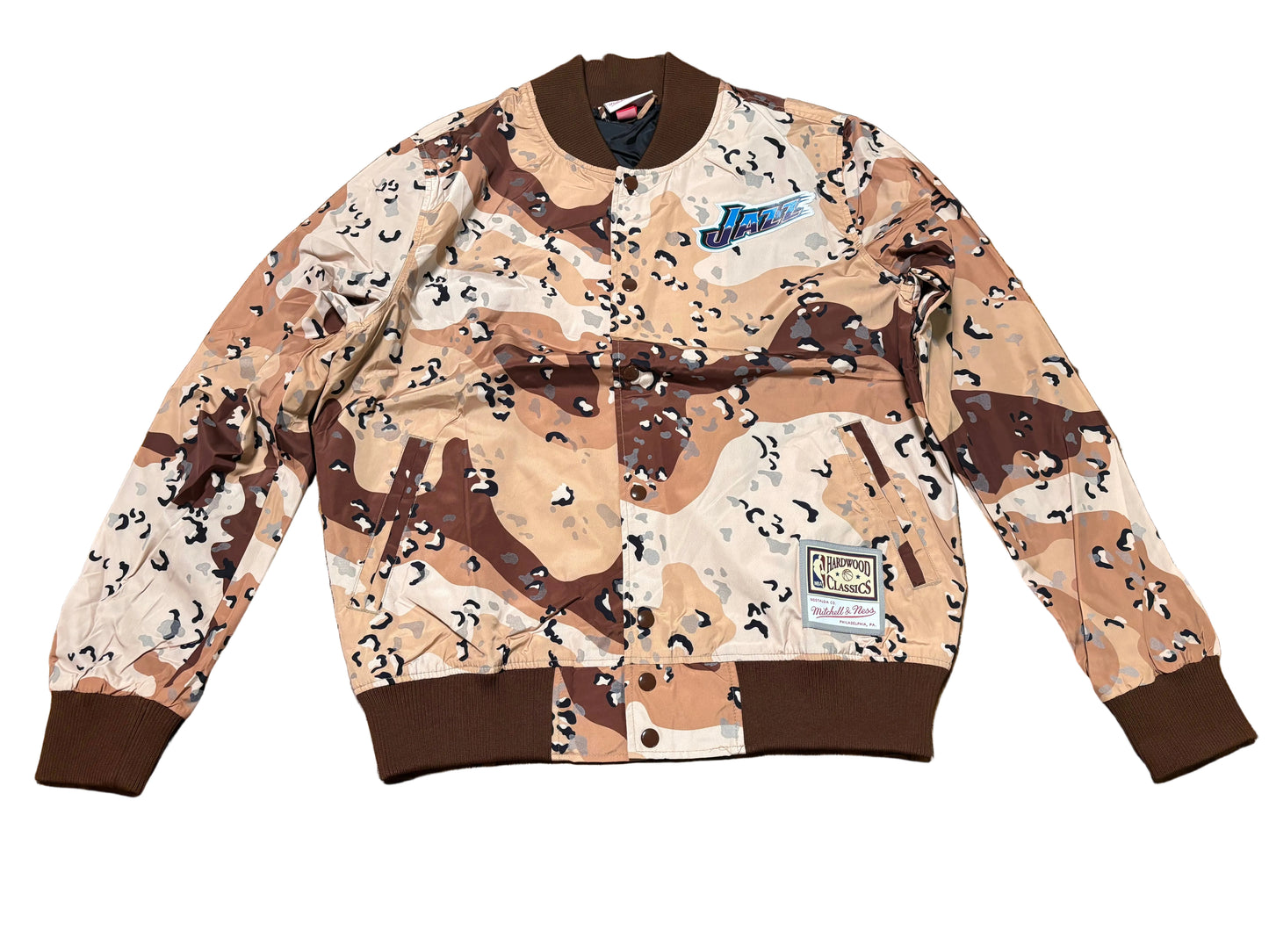 Utah Jazz Mitchell & Ness NBA Retro Hardwood Classic HWC Swingman 1998-99 Camo Camouflage Army Full Snap Button Jacket Brown White Mens Large L New NWOT