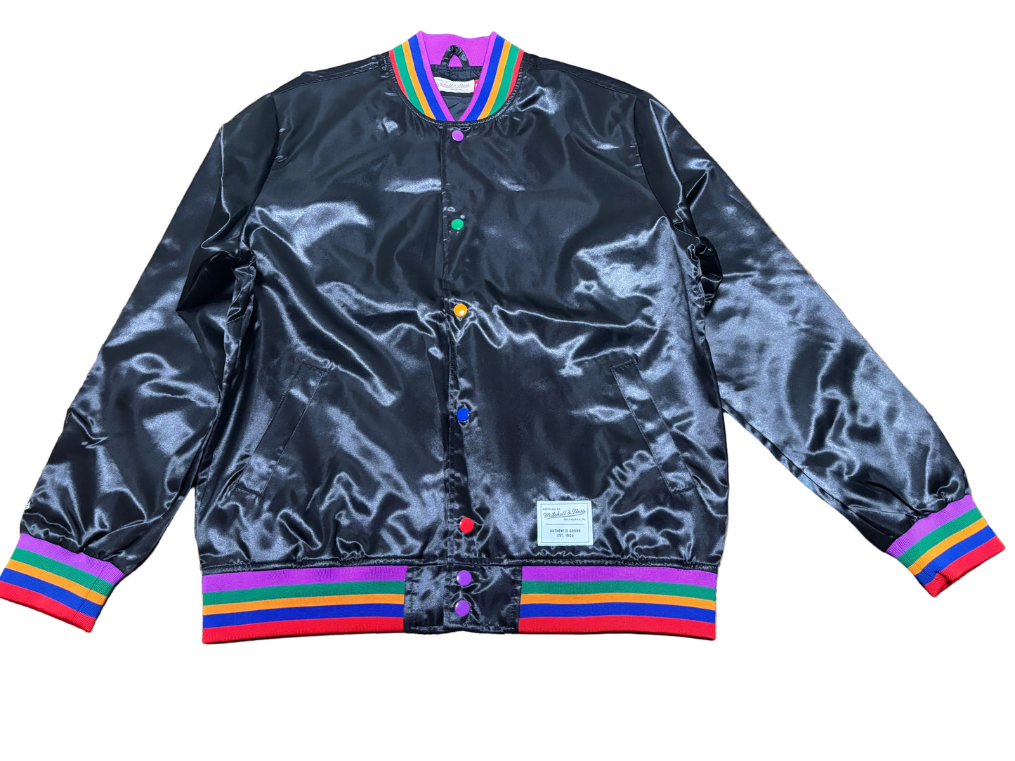 Mitchell & Ness Branded Sports Athletic Goods Pullover Long Sleeve Bomber Jacket Black Rainbow Striped Trim Cuffs Men’s Large L New NWOT