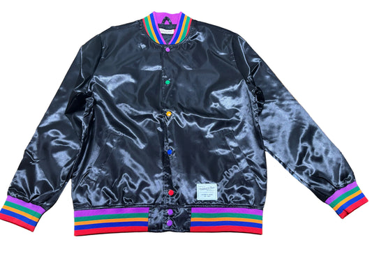 Mitchell & Ness Branded Sports Athletic Goods Pullover Long Sleeve Bomber Jacket Black Rainbow Striped Trim Cuffs Men’s Large L New NWOT