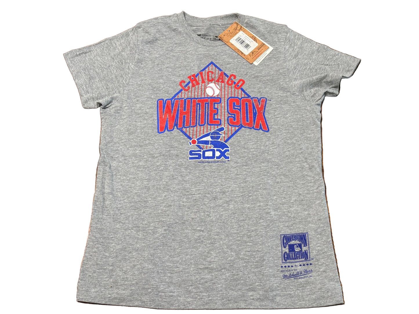 Chicago White Sox Mitchell & Ness Cooperstown Collection MLB Baseball Big Face Logo Team Origins Short Sleeve Shirt T-Shirt Heather Gray Blue Red Youth Kids Medium M 10-12 New NWT