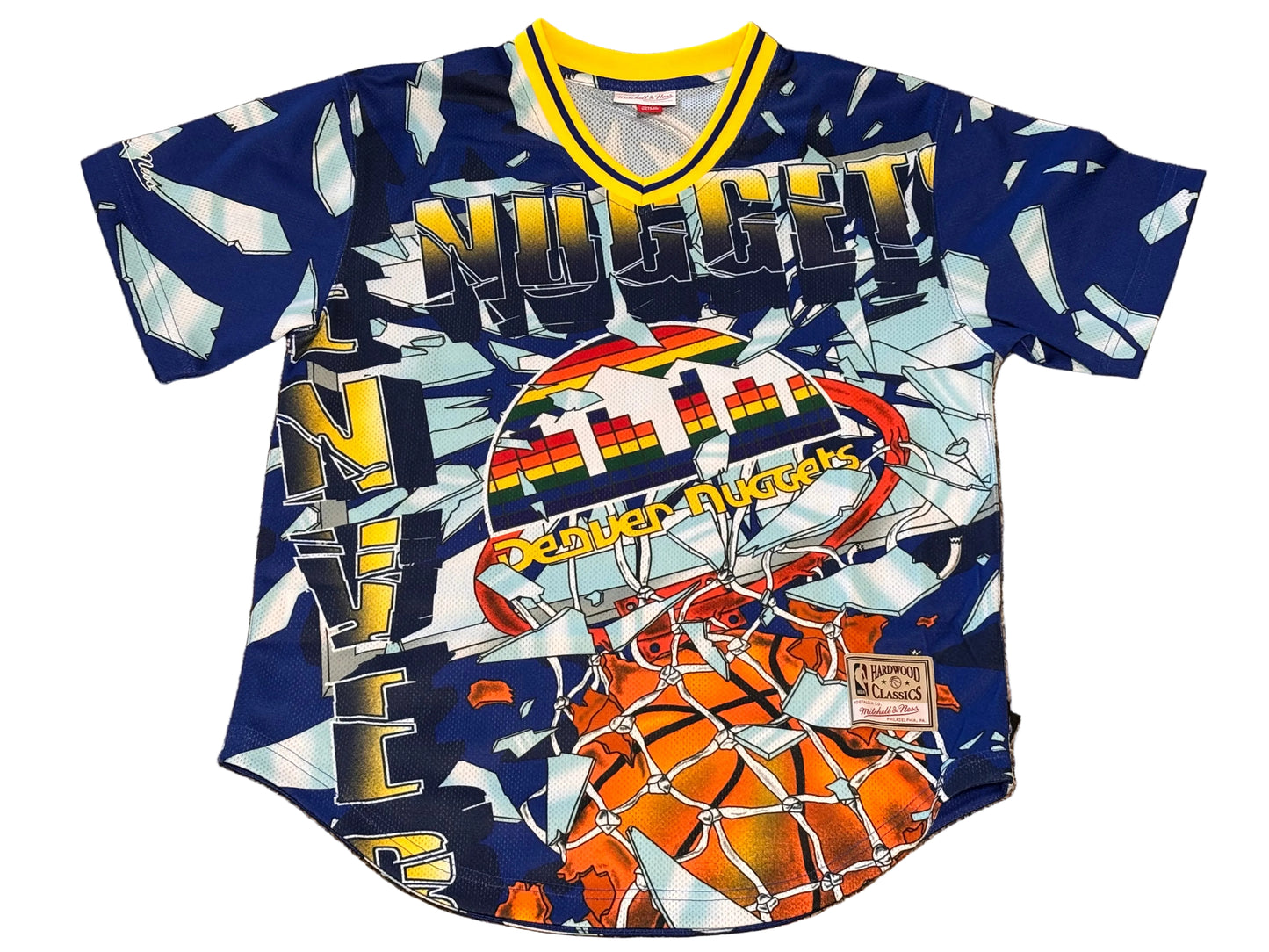 Denver Nuggets Mitchell & Ness Retro Blue Big Face Rim Glass Breaking Hardwood Classic Shirt Mens Medium M New NWOT