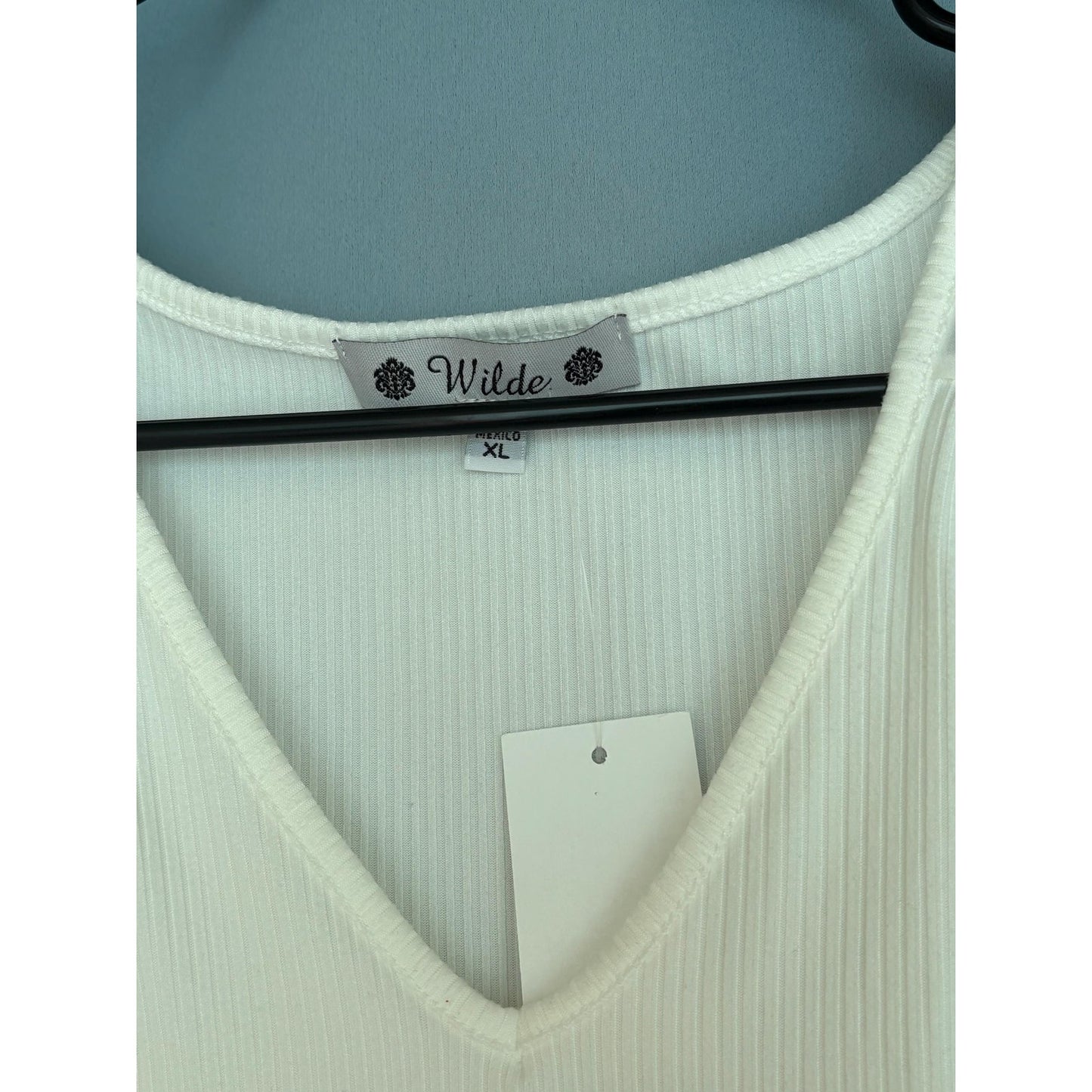 Wilde White Womans Ribbed Knit Poly Spandex Lace Top Shirt XL NWT
