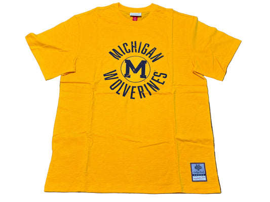 Michigan State Wolverines Mitchell & Ness College Vault Collegiate Football NCAA Logo Yellow Short Sleeve Tee Shirt Men’s Large L NWOT New