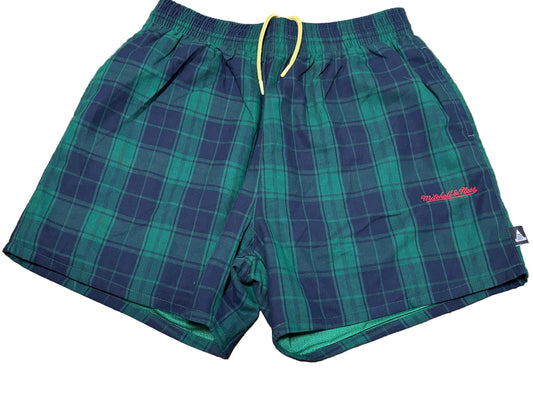 Mitchell & Ness Branded Plaid Shorts Drawstring Green Mens Large L New NWOT