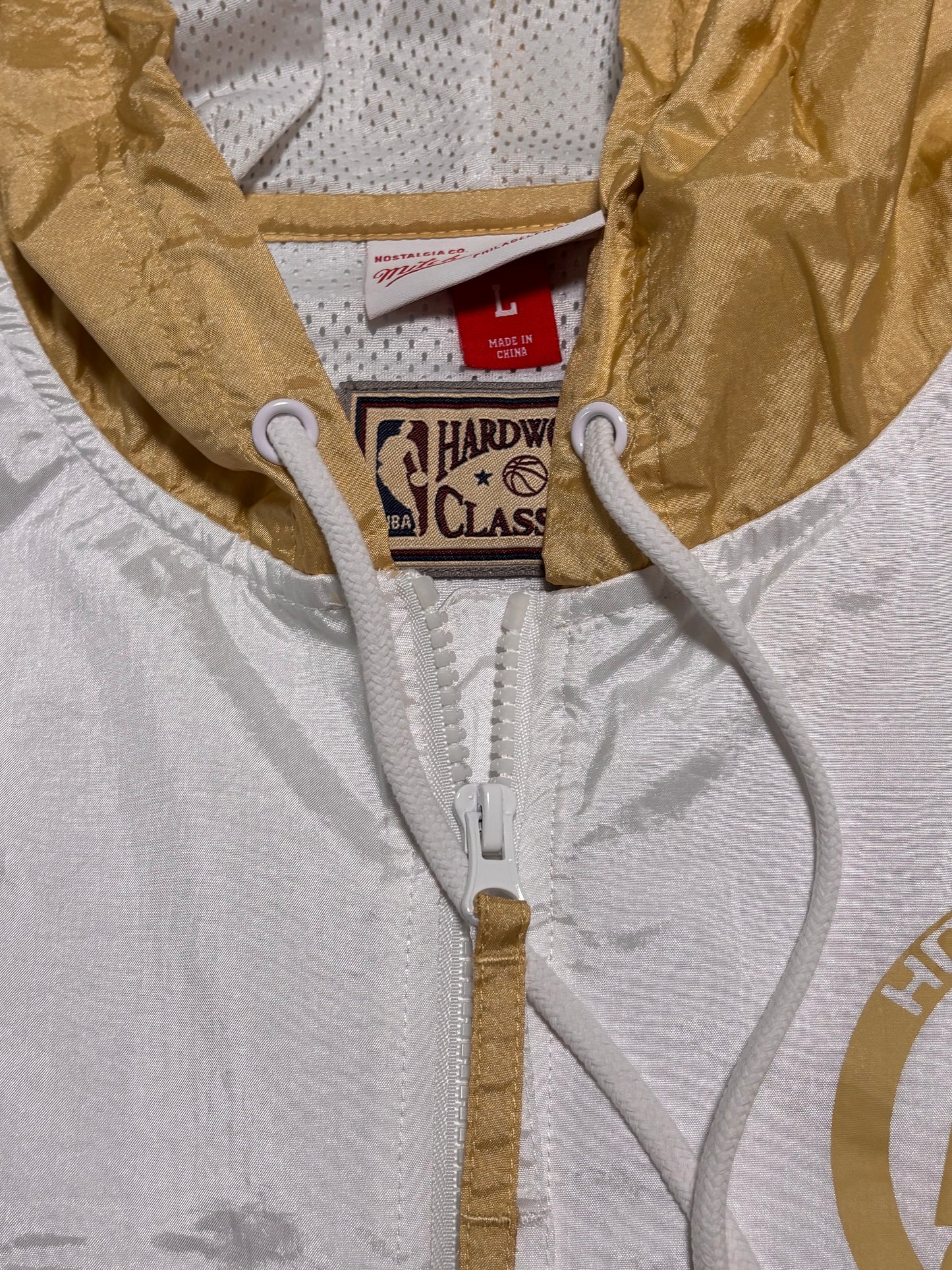 Houston Rockets Mitchell & Ness NBA Retro Hardwood Classic HWC Surprise Win Long Sleeve Hooded Hood Pullover Wind Breaker Jacket Cream White Gold Men’s Large L New NWOT