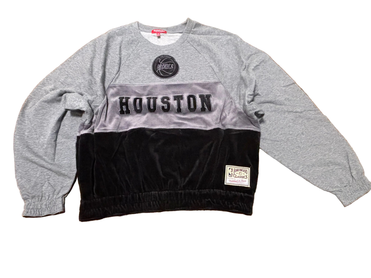 Houston Rockets Mitchell & Ness NBA Retro Hardwood Classic HWC Velour Split Team Logo Long Sleeve Pullover Soft Sweat Shirt Heather Gray Black Women’s Small S New NWOT