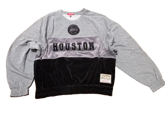 Houston Rockets Mitchell & Ness NBA Retro Hardwood Classic HWC Velour Split Team Logo Long Sleeve Pullover Soft Sweat Shirt Heather Gray Black Women’s Small S New NWOT