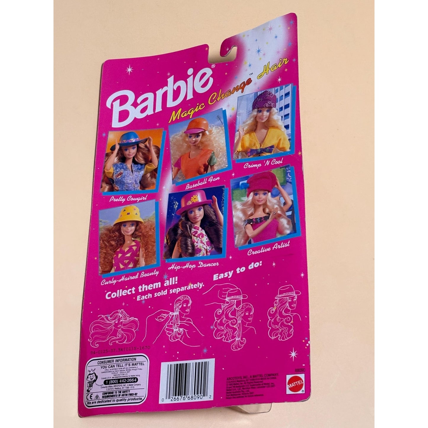 Vintage Mattel Barbie Magic Change Hair Baseball Fan 68090 Curly Blonde Wig 1993