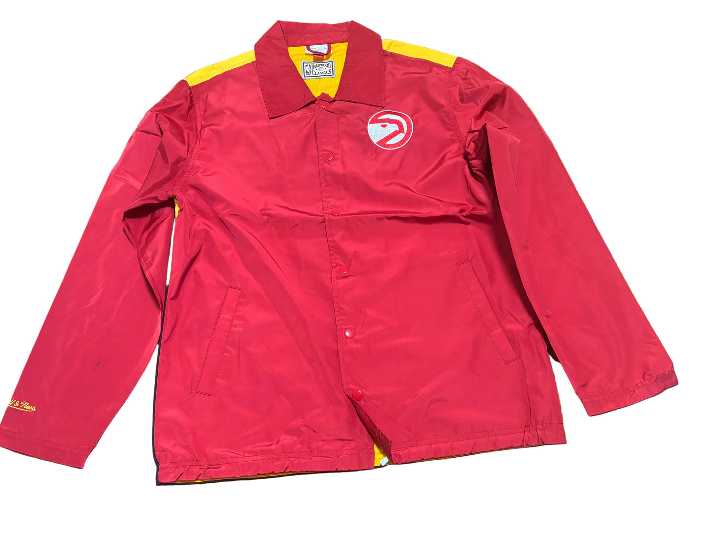 Atlanta Hawks Mitchell & Ness Hardwood Classic HWC NBA Retro Full Button Snap Front Light Weight Windbreaker Jacket Long Sleeve Red Yellow Men’s Large L New NWOT