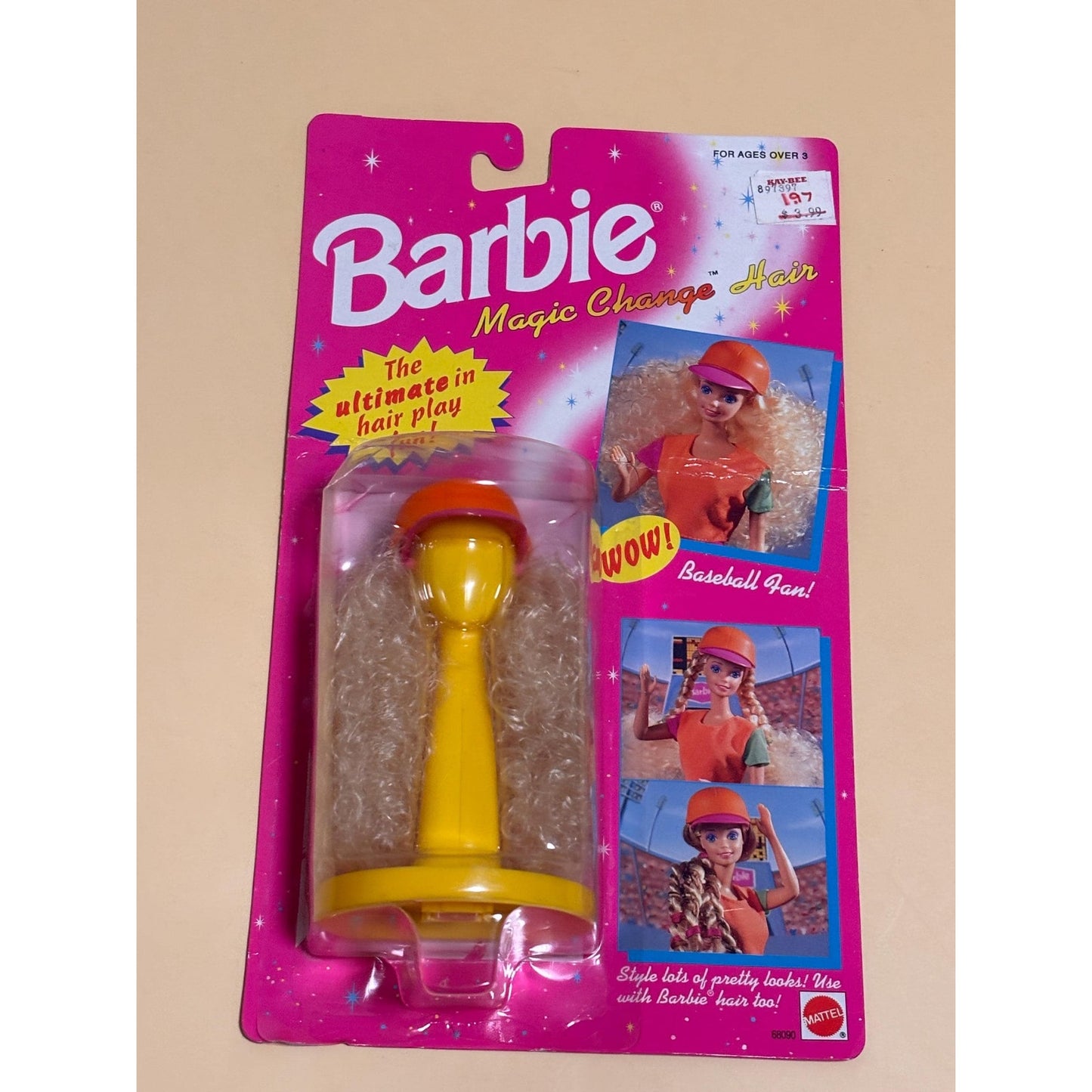 Vintage Mattel Barbie Magic Change Hair Baseball Fan 68090 Curly Blonde Wig 1993
