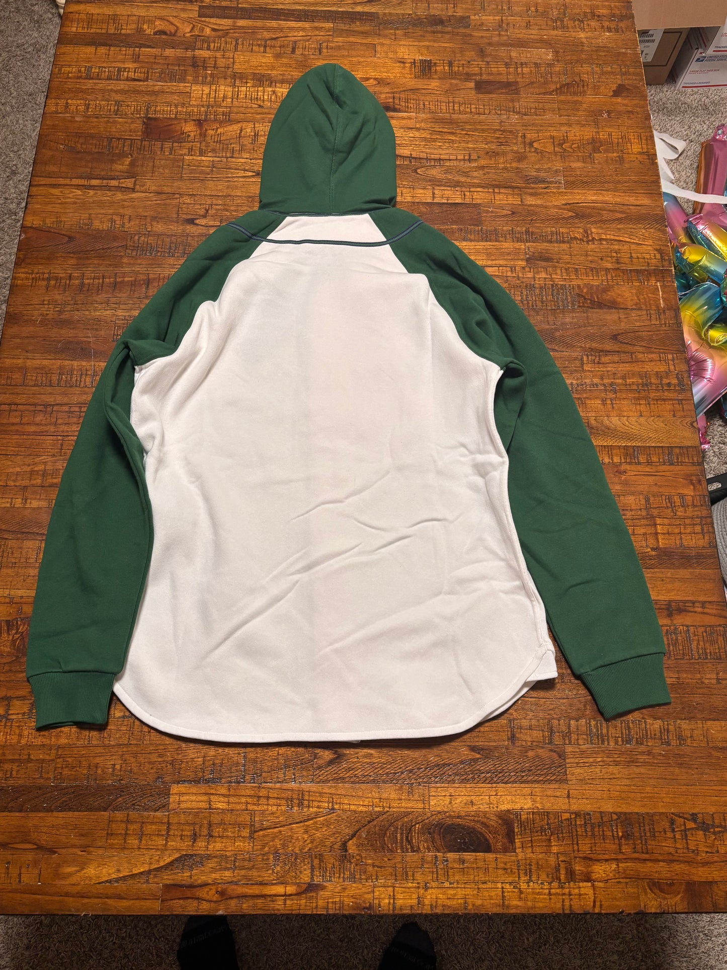 Mitchell & Ness Branded Sports Big Logo Full Button Down Pullover Sweat Shirt Hoodie Hooded Long Sleeve Tee T Shirt Green Purple Cream Men’s Large L New NWT