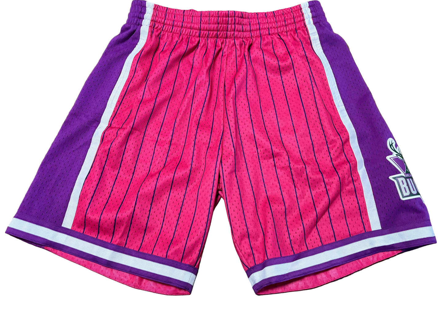 Milwaukee Bucks Mitchell & Ness NBA Retro Hardwood Classic HWC World Swingman Team Logo 2000-01 Neon Pink Purple Shorts Men’s Large L NWOT