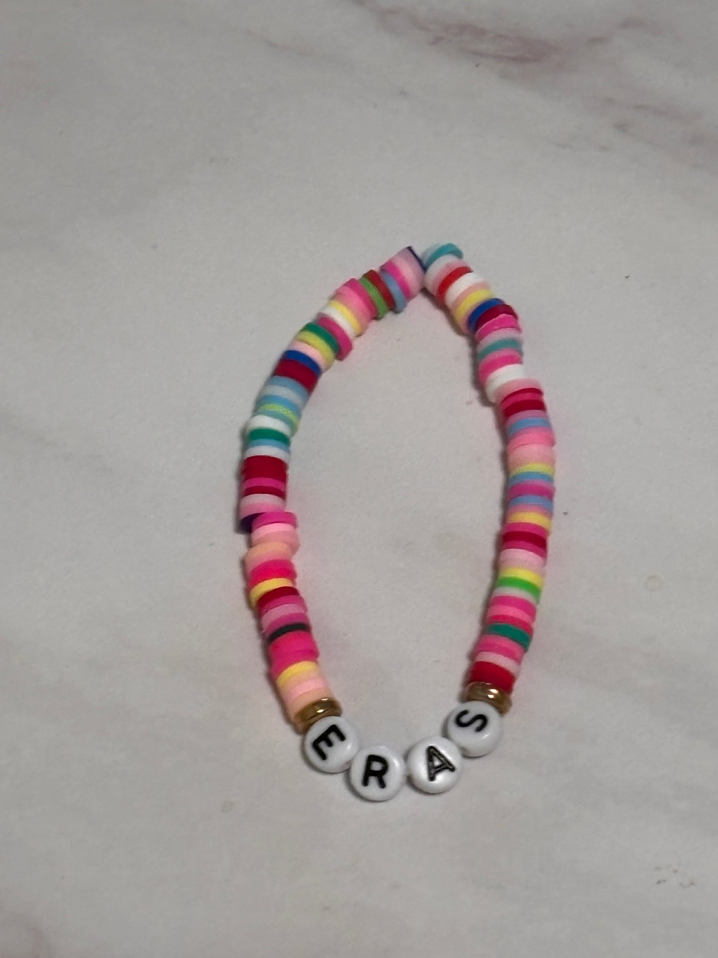 Eras Rainbow Heishi Word Bracelet 7 Inch Polymer Clay Gold White Letter Beads