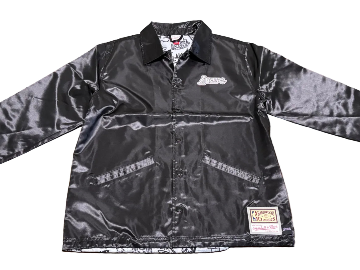 Los Angeles LA Lakers Mitchell & Ness HWC Hardwood Classic Doodle Swingman Nba Retro Satin Coach’s Jacket Black Mens Large L New NWOT