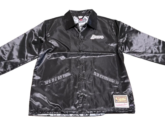 Los Angeles LA Lakers Mitchell & Ness HWC Hardwood Classic Doodle Swingman Nba Retro Satin Coach’s Jacket Black Mens Large L New NWOT