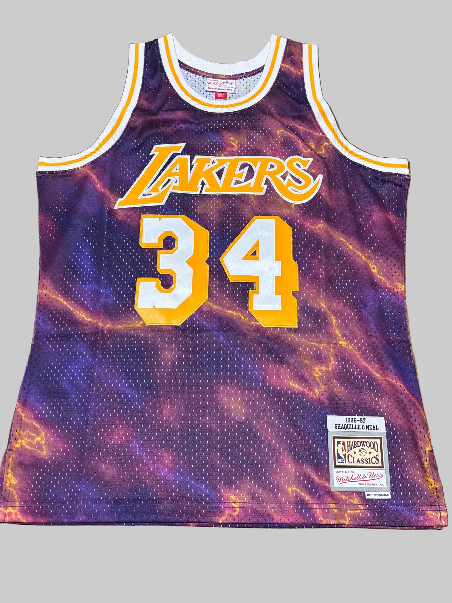 Shaq Shaquille O’Neal Los Angeles LA Lakers Mitchell & Ness NBA Retro HWC Hardwood Classic Swingman 1996-97 Shirt Jersey Lightning Purple Gold Men’s Large L New NWOT