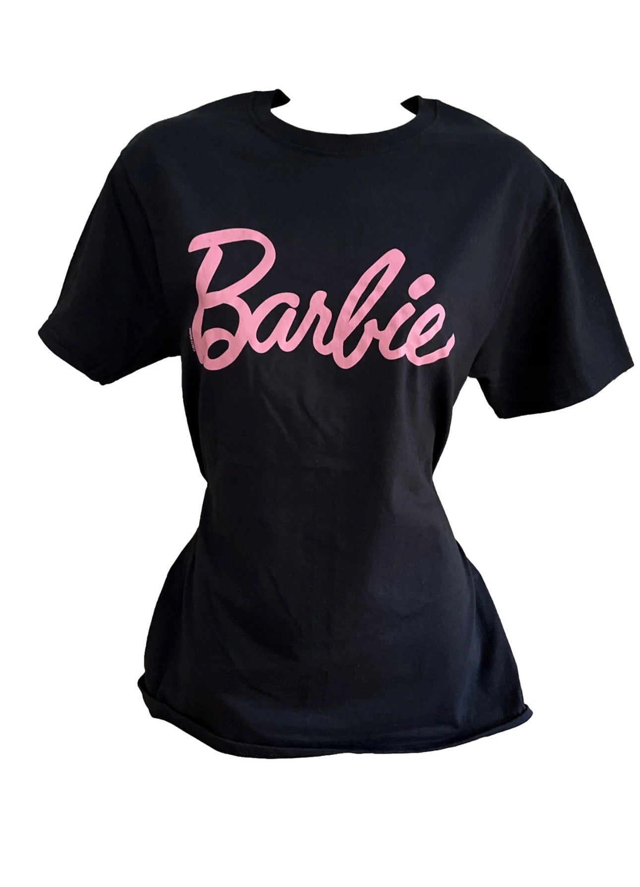 Barbie Fruit of the Loom Mattel T Shirt Women Pink On Black Tee Retro Logo Cotton NWT New