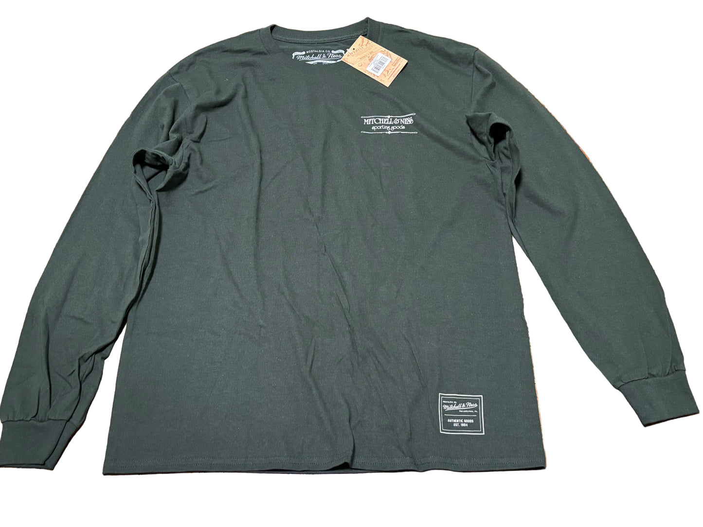 Mitchell & Ness Branded Sports Heavyweight Logo Graphic Long Sleeve Golf Tennis Tee T Shirt Dark Green White Men’s Large L New NWT