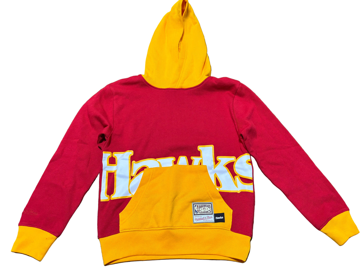 Atlanta Hawks Mitchell & Ness Hardwood Classic HWC NBA Retro Big Face 5.0 Fashion Pocket Hooded Hoodie Sweat Shirt Pullover Red Yellow Youth Kids Medium M 10-12 New NWOT