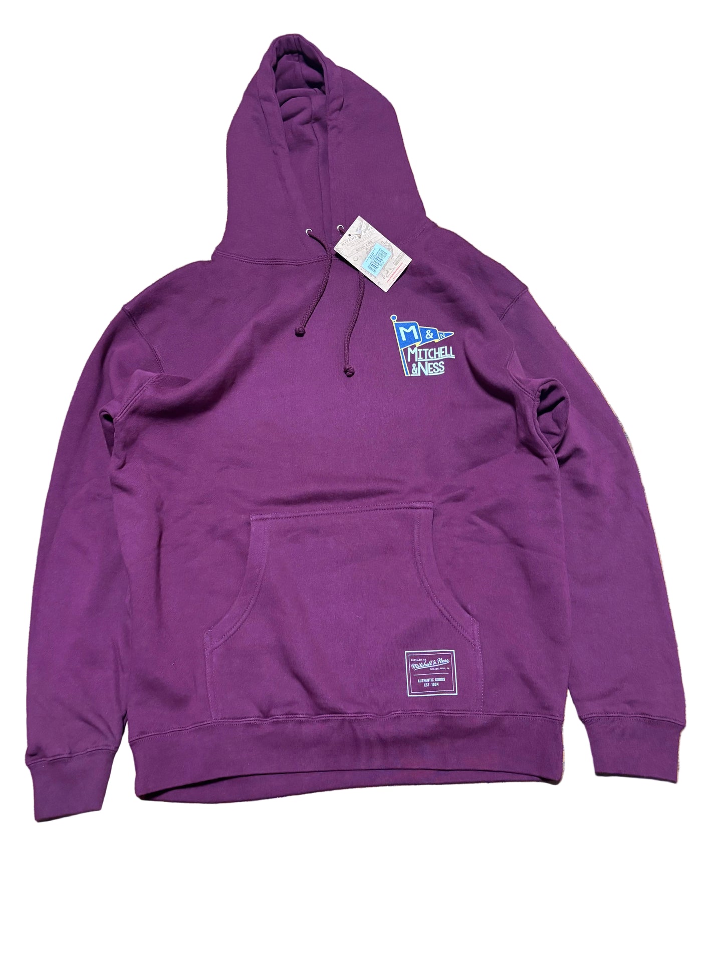 Mitchell & Ness Branded Sports Big Logo Flag Pullover Sweat Shirt Hoodie Hooded Long Sleeve Tee T Shirt Purple Men’s Large L New NWT