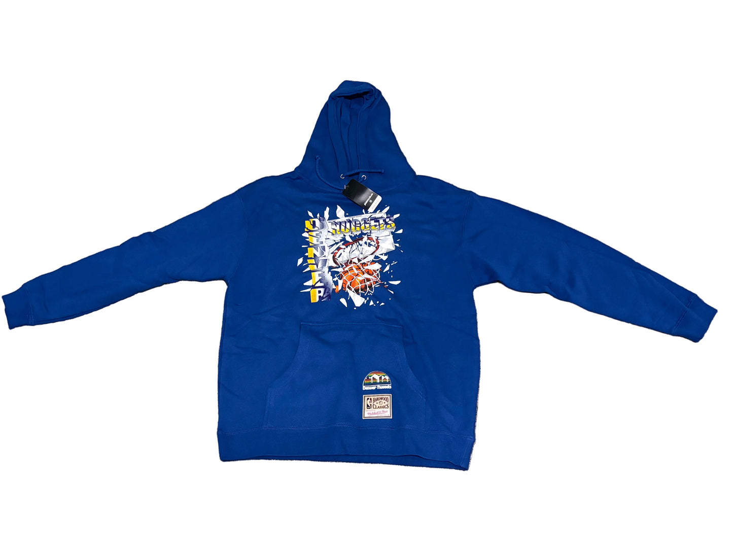 Denver Nuggets Mitchell & Ness Blue Rim Glass Breaking Hardwood Classic Hoodie Mens Large L New NWT