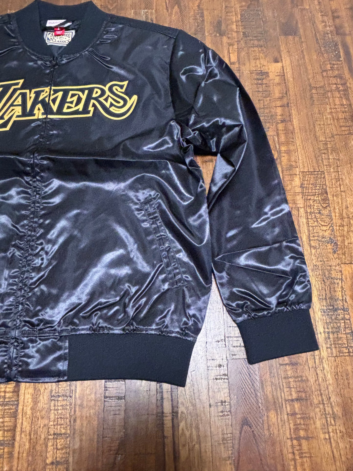 Los Angeles LA Lakers Mitchell & Ness HWC Hardwood Classic Black  Big Face 4.0 Satin Full-Zip Jacket Mens Large L New NWOT