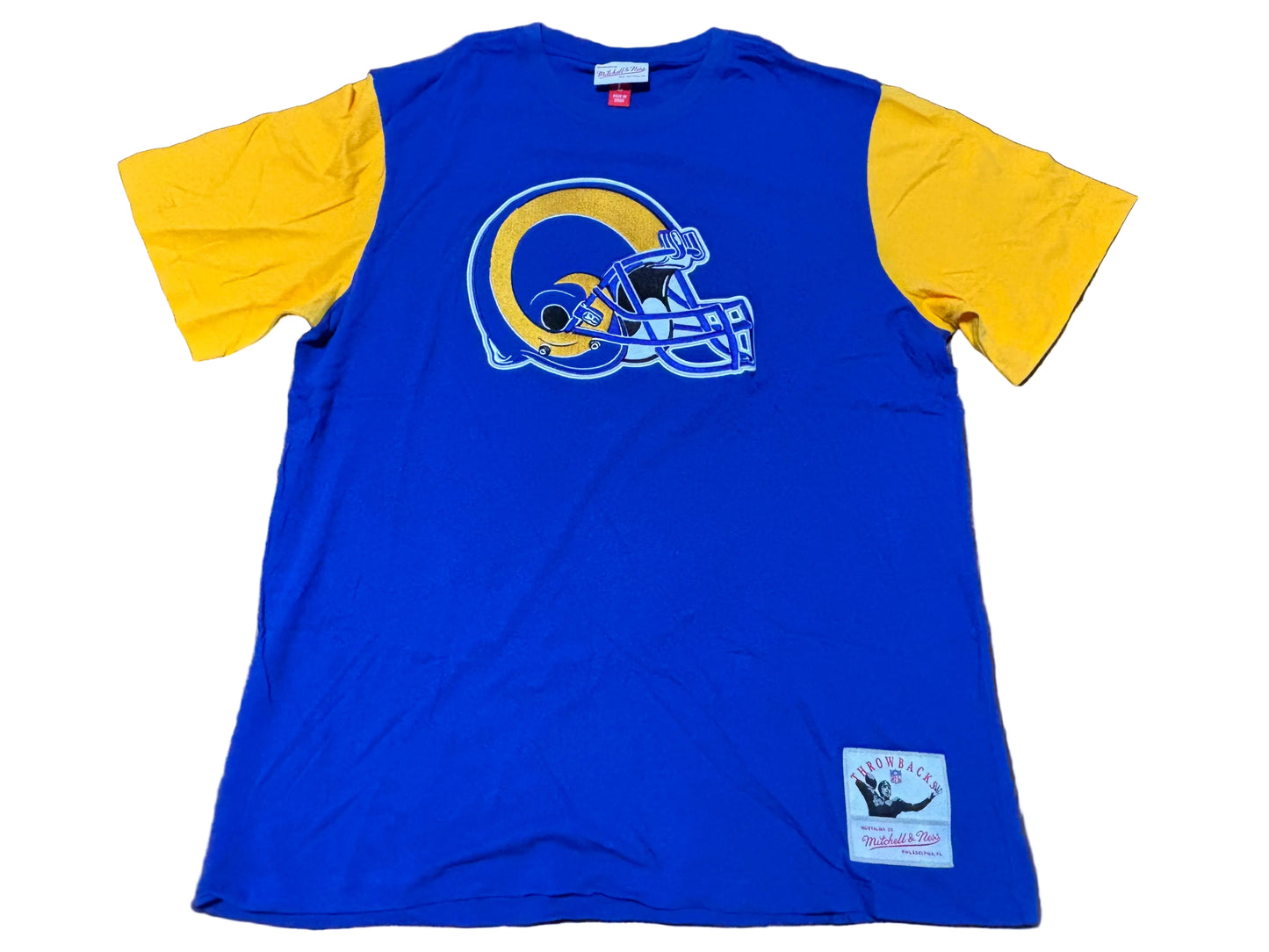 Saint Louis Los Angeles Rams Mitchell & Ness NFL Football Throwback Big Face Logo Team Origins Short Sleeve Pullover Shirt T-Shirt Gold Yellow Blue Men’s Large L New NWOT