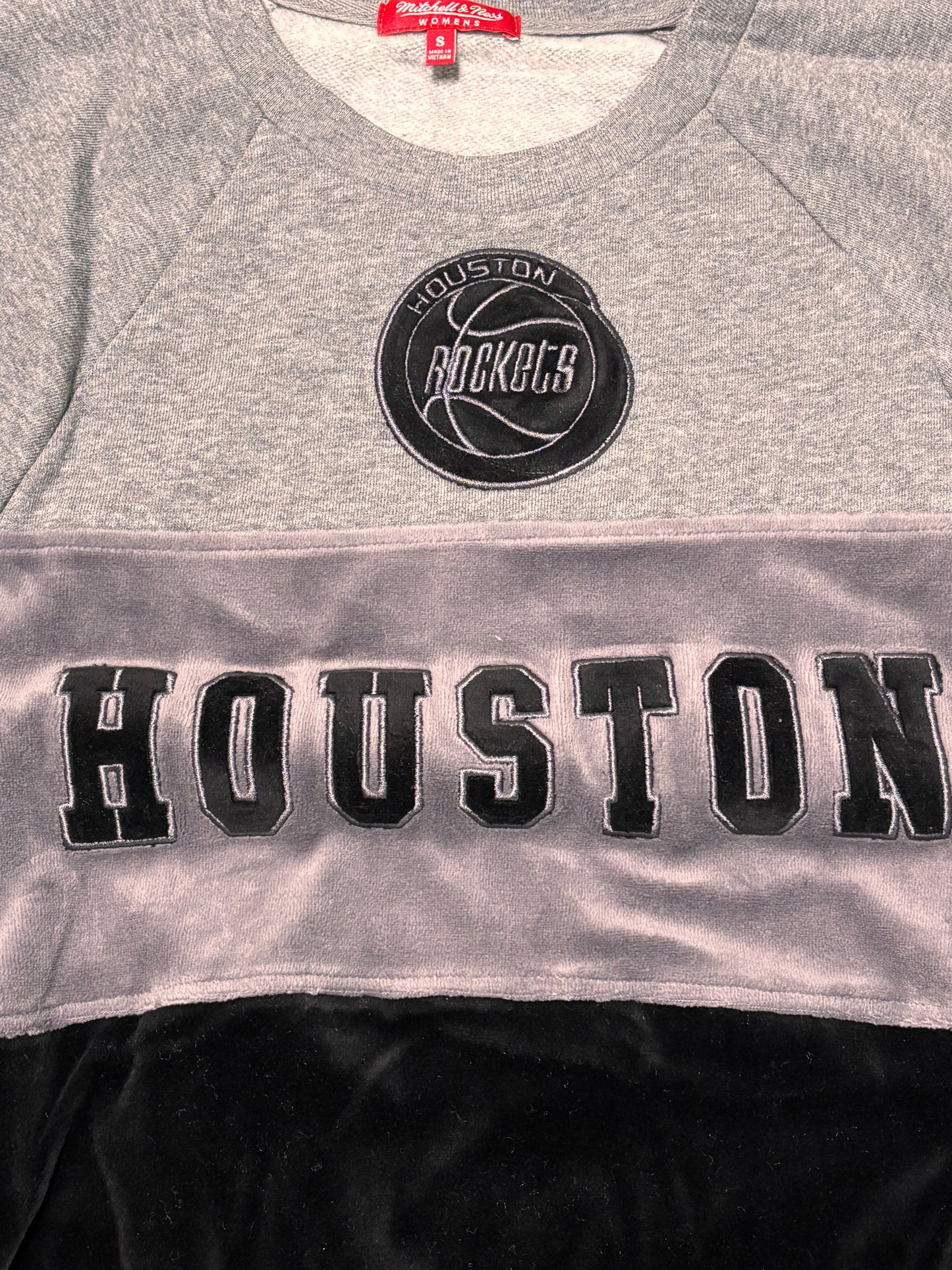 Houston Rockets Mitchell & Ness NBA Retro Hardwood Classic HWC Velour Split Team Logo Long Sleeve Pullover Soft Sweat Shirt Heather Gray Black Women’s Small S New NWOT