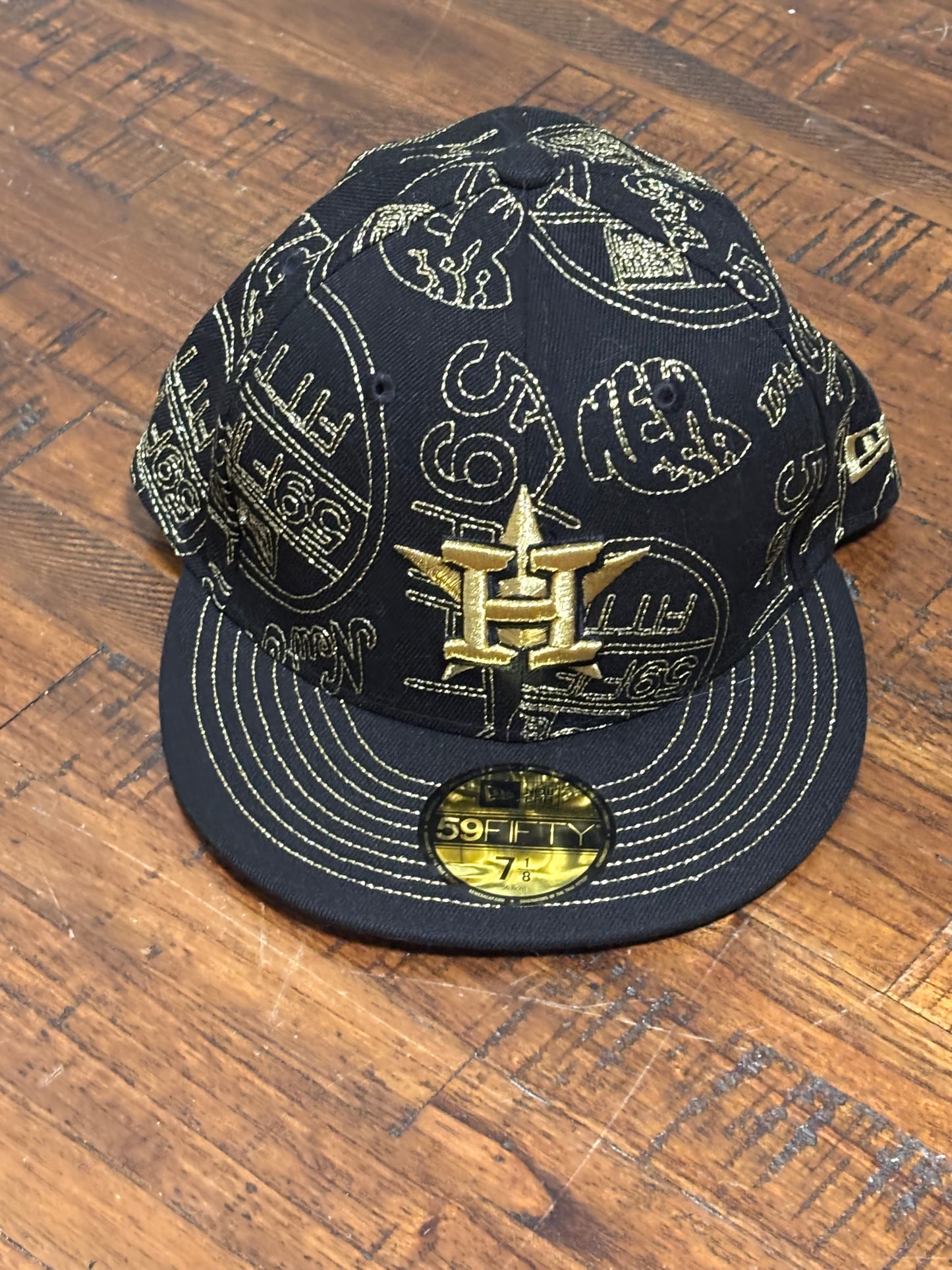 Houston Astros New Era 59FIFTY MLB Baseball Day Allover Fitted Hat Cap Black Gold New NWT 7 1/8