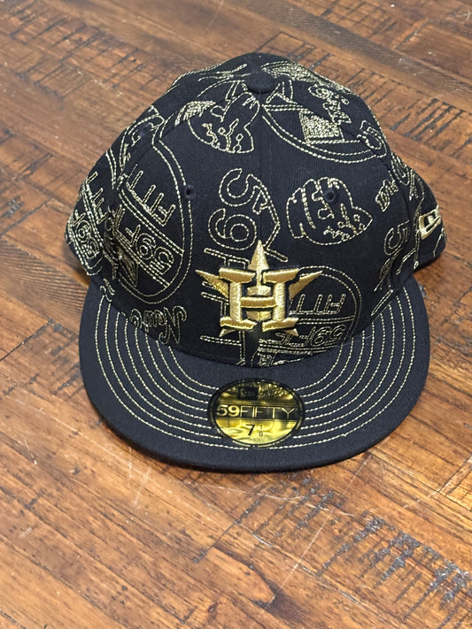 Houston Astros New Era 59FIFTY MLB Baseball Day Allover Fitted Hat Cap Black Gold New NWT 7 1/8