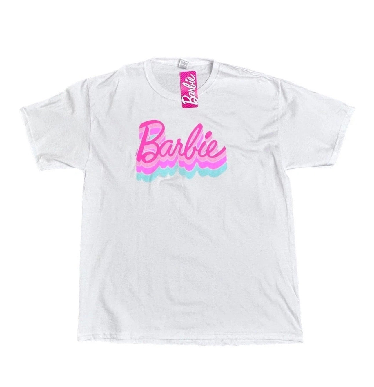 Barbie Fruit of the Loom Mattel T Shirt Women Pink On White Tee Retro Logo Cotton NWT New