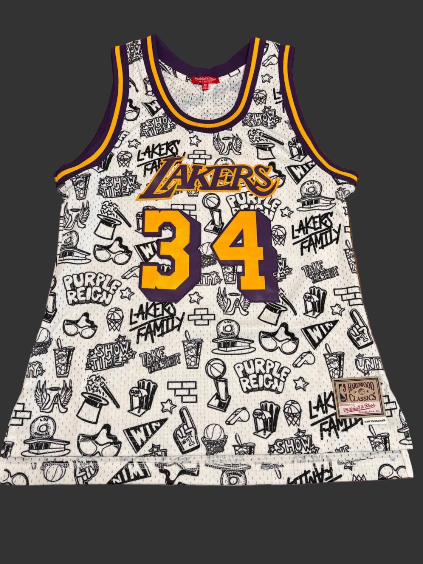 Shaq Shaquille O’Neal Los Angeles LA Lakers Mitchell & Ness HWC Hardwood Classic Doodle Swingman Nba Retro Jersey White Women Medium M New NWOT
