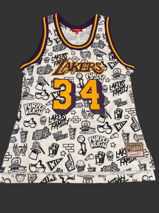 Shaq Shaquille O’Neal Los Angeles LA Lakers Mitchell & Ness HWC Hardwood Classic Doodle Swingman Nba Retro Jersey White Women Medium M New NWOT