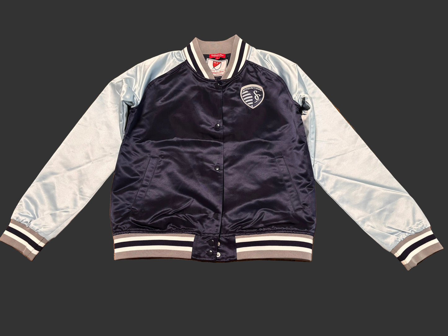 Mitchell & Ness MLS Soccer Sporting Kansas City Argyle Collection Full-Snap VarsityThrowback Navy Light Blue Jacket Wind Breaker Women’s Medium M New NWOT