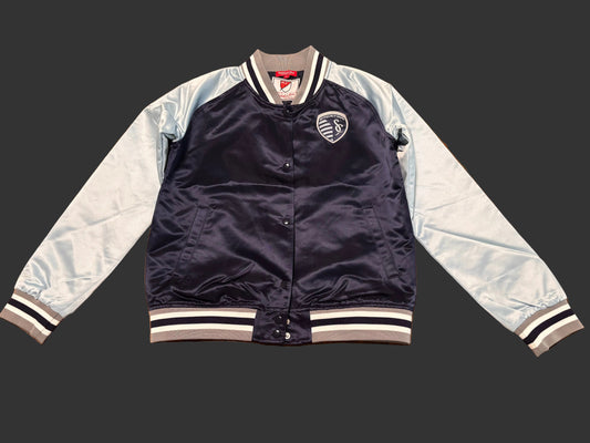Mitchell & Ness MLS Soccer Sporting Kansas City Argyle Collection Full-Snap VarsityThrowback Navy Light Blue Jacket Wind Breaker Women’s Medium M New NWOT