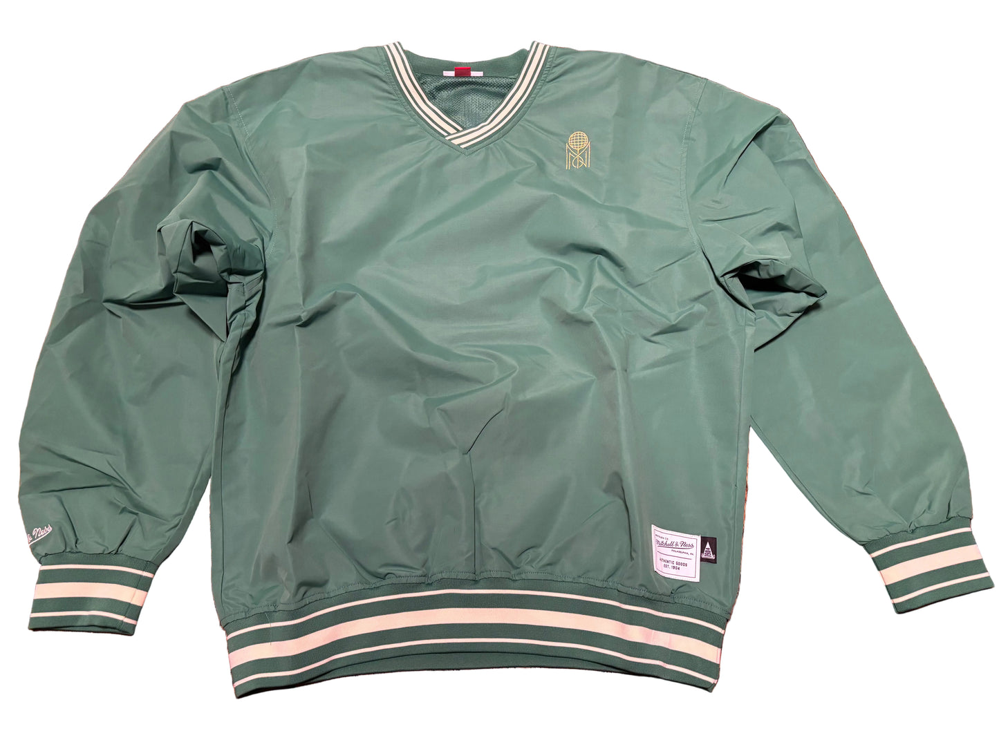 Mitchell & Ness Branded Sports Athletic Goods Pullover Long Sleeve Tee T Shirt Wind Breaker Jacket Green White Trim Men’s Large L New NWOT
